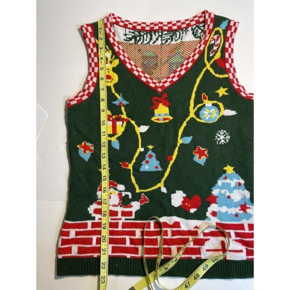 Christmas Sweater Vest Small Green And Red With Pixilated Deer, Ornaments, Santa - Picture 8 of 8